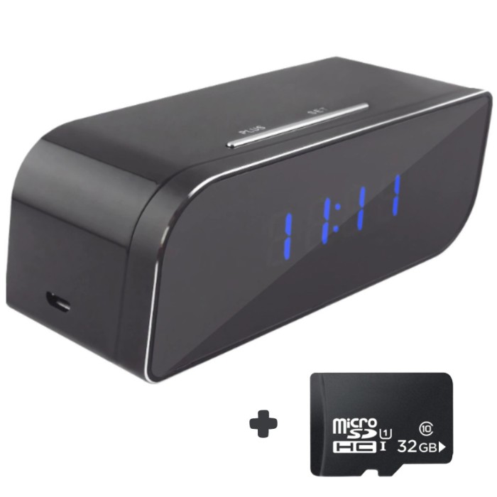 Mini camera Spy REVOSE&trade;, WI-FI, IP, Ascunsa in Ceas Desteptator, Microfon, Infrarosu, 1080P, Activare la Miscare, Card Micro SD 32GB Inclus