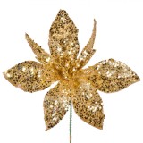Floare Decorativă Crăciun, Auriu, 17cm, Glitter, Oem
