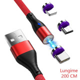 Cablu de date si incarcare 3A Premium 3in1 Magnetic cu LED USB-C, MicroUSB si Lightning iPhone, 3 Conectori 360 Hotriple