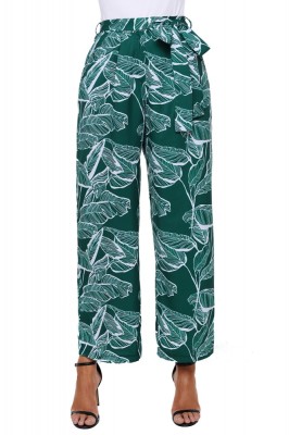 CL784-11121 Pantaloni eleganti cu talie inalta si imprimeu frunze foto