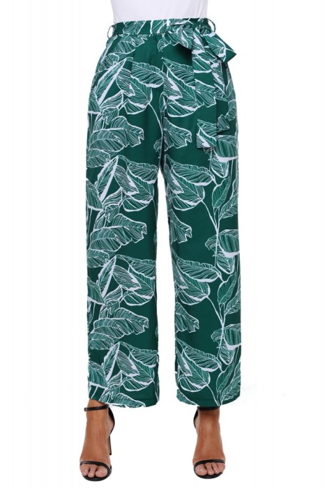 CL784-11121 Pantaloni eleganti cu talie inalta si imprimeu frunze