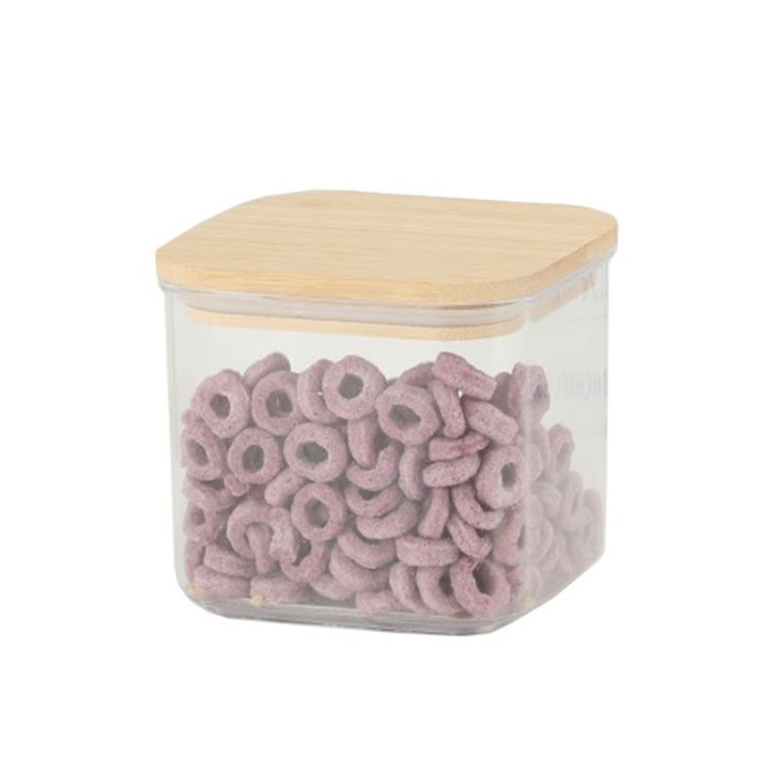 Cutie de Depozitare Alimente, Cyrax, Cutie de tip Container, Cutie pentru Cereale, din Plastic, Capac din Bambuc, 10 x 10 x 8 cm, Volum 0.5 L, Transpa