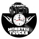 Ceas de perete decorativ realizat din disc de vinil, Model Masina Gigant Monster Truck si Flacari, Negru, 30 cm