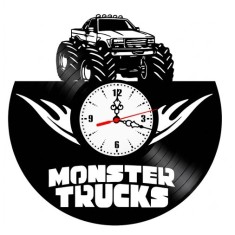 Ceas de perete decorativ realizat din disc de vinil, Model Masina Gigant Monster Truck si Flacari, Negru, 30 cm