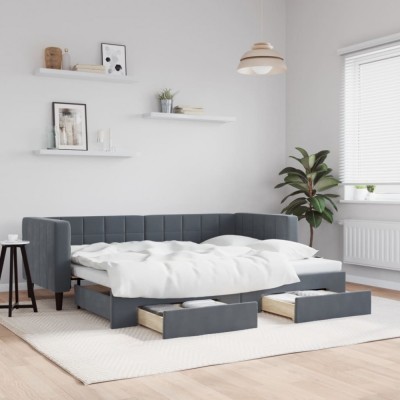 vidaXL Pat de zi cu extensie și sertare gri &amp;icirc;nchis 80x200 cm catifea 3196733 foto