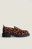 Hoff mocasini de piele LEOPARD MARRON femei, culoarea maro, cu toc plat, 22428004 SCHOOL