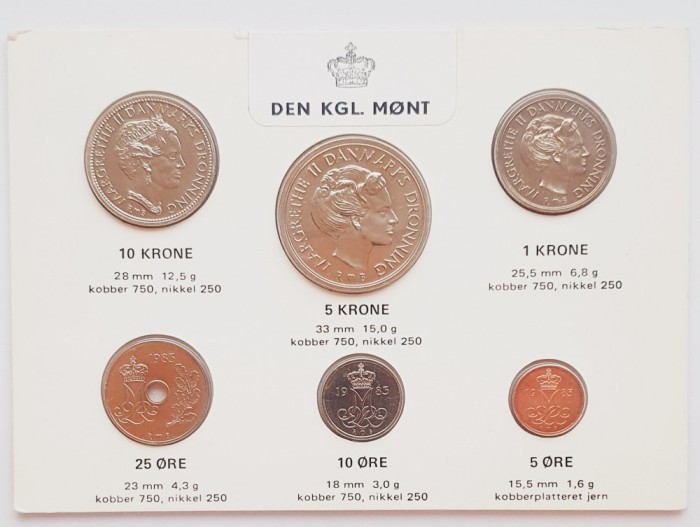 M01 Danemarca set monetarie 6 monede 1983 5, 10, 25 ore 1, 5, 10 kroner