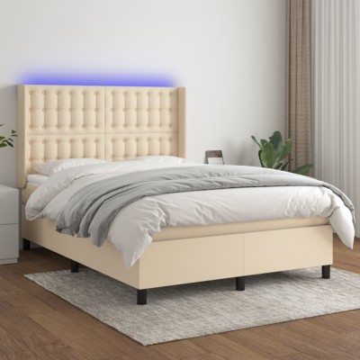 vidaXL Pat cu arcuri, saltea și LED, crem, 140x200 cm, textil 3138642 foto