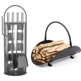 Cumpara ieftin Set 4 Accesorii cu Suport pentru Semineu si Soba din Inox, 66 cm si Suport de Depozitat Lemne din Aliaj Forjat, 48 cm, Negru