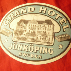 Eticheta Reclama Grand Hotel Jonkoping Suedia , interbelica