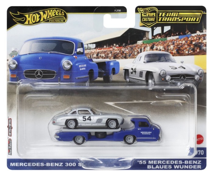 HOT WHEELS TRANSPORTATOR MERCEDES-BENZ 55 BLAUES WUNDER CU MASINUTA MERCEDES-BENZ 300 SL SCARA 1:64 SuperHeroes ToysZone
