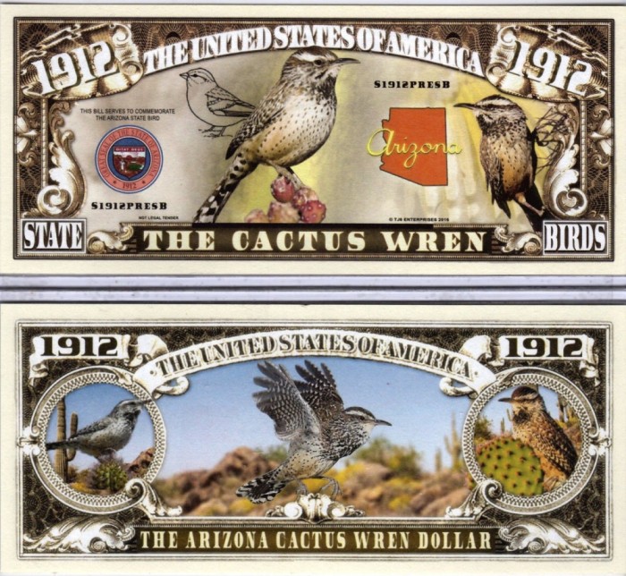 !!! SUA = FANTASY NOTE (TJ6) = ARIZONA , THE CACTUS WREN - 2016 - UNC
