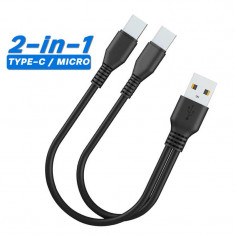 Cablu USB-C + micro USB la USB pentru incarcare, baterie externa, lungime 25cm