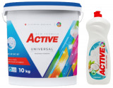 Cumpara ieftin Detergent Universal de rufe pudra Active, galeata 10kg, 130 spalari + Detergent de vase lichid Active, 1 litru, cocos