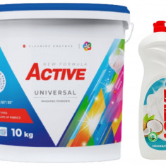 Detergent Universal de rufe pudra Active, galeata 10kg, 130 spalari + Detergent de vase lichid Active, 1 litru, cocos