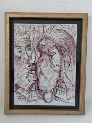 Olah Miklos &amp;ndash; lucrare originala in tus, compozitie fantastica, expresionista cu accente suprarealiste (2002) foto