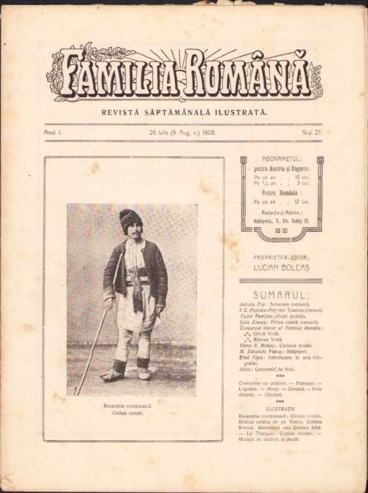 Z105 Familia rom&acirc;nă, numărul 27, anul 1, 1908, Budapesta, proprietar-editor Lucian Bolcaș