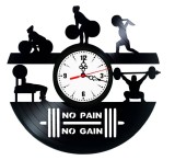 Ceas de perete decorativ, Fitness / Gym No Pain No Gain, realizat din disc de vinil (Vinyl Record), 30 cm, mecanism silențios, negru