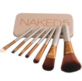 Cumpara ieftin Set 7 Pensule Machiaj Profesional Naked5 Rohs, Trusa Fard Ochi, Buze, Pudra, Blender, Cutie Metalica
