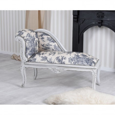 Sofa din lemn masiv gri cu tapiterie alba cu albastru CAT508K33