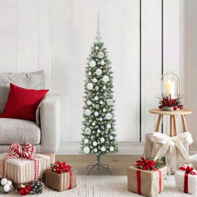 vidaXL Copac Artificial Slăb de Crăciun cu 150 LED Verde și alb 120 cm 3395272 foto