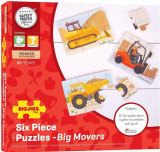 Puzzle - Set 3 puzzle din lemn, 18 piese - Vehicule pentru santier | Bigjigs Toys