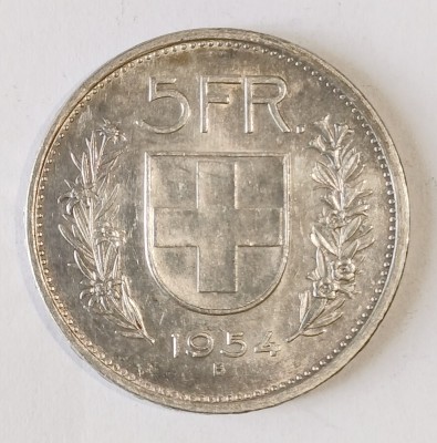 ELVETIA 5 FRANCI 1954 ARGINT AUNC CU LUCIU ( CITITI DESCRIEREA ) foto