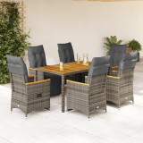 Set bistro de grădină cu perne, 7 piese, gri, poliratan