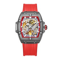Ceas de barbat Onola transparent, automatic, curea din silicon, skeleton Rosu