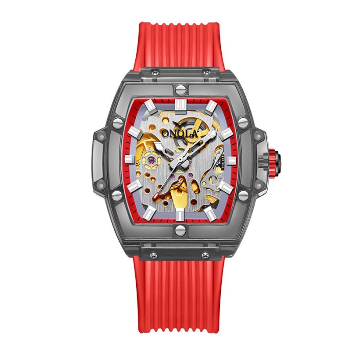Ceas de barbat Onola transparent, automatic, curea din silicon, skeleton Rosu