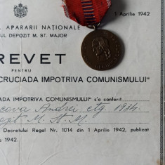 Brevet definitiv Cruciada impotriva Comunismului + medalia cu panglica originala