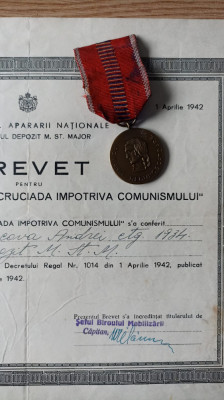Brevet definitiv Cruciada impotriva Comunismului + medalia cu panglica originala foto