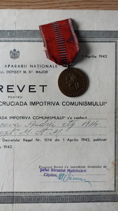 Brevet definitiv Cruciada impotriva Comunismului + medalia cu panglica originala