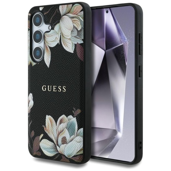 Husa pentru Samsung Galaxy S25 - Guess Grained Flowers MagSafe (GUHMS25SPGNMPLMK) - Black