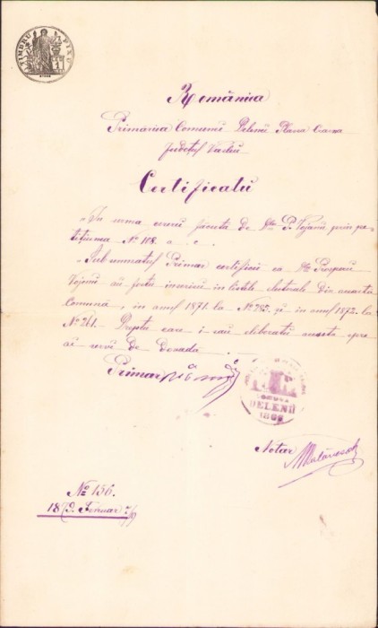 A496 Certificat de &icirc;nscriere pe listele electorale, 1879, Vaslui