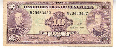 B11 2 - Bancnota foarte veche - Venezuela - 10 bolivares - 1992