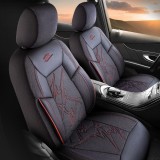 Cumpara ieftin Set Huse Scaune Auto Panda Nepal, material textil cu piele ecologica, cu fermoare pentru bancheta rabatabila, negru cu cusatura rosie, 11 piese