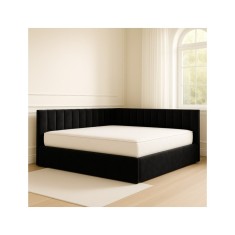Pat Tapitat De Colt Figo Negru Catifea Premium + Saltea Lux Ortopedica 140x200cm