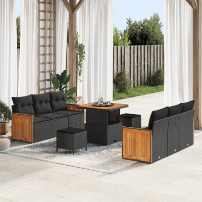 Set de 9 piese de sofa de gradina Gossi cu perne negre ratan polimeric acacia, sofa de gradina Gossi cu 2 locuri si perne negre ratan polimeric, set d foto