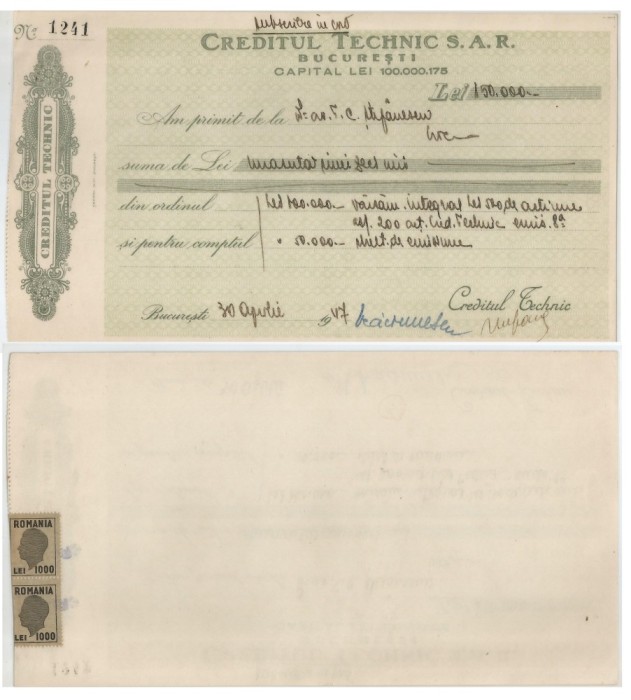 Romania, Creditul Technic S.A.R., Subscriere, Bucuresti, 1947