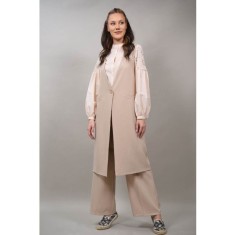 VESTA LUNGA IN STIL FORMAL CU NASTURE IN TALIE ALESSANDRA Bej TALIE UNICA