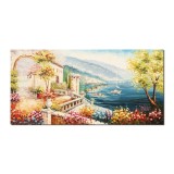 Tablou peisaj mediteranean pictat manual living, dormitor, Colt de rai, 140x70cm ulei pe panza in cutit efect 3D, gata de agatat pe perete