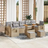 Set de Canapea de Grădină vidaXL cu 10 Piese cu Pernă Bej Ratan Poli Acacia, Set de Masă de Grădină vidaXL cu 3 Piese cu Pernă Bej Ratan Poli Acacia
