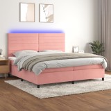 vidaXL Pat continental cu saltea &amp; LED, roz, 200x200 cm, catifea