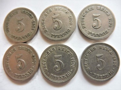 GERMANIA IMPERIU - Lot 6 monede 5 Pfennig (KM# 11) diversi ani (intre 1894 si 1914) (306) foto
