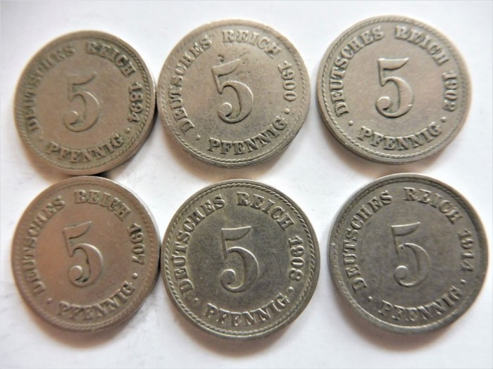 GERMANIA IMPERIU - Lot 6 monede 5 Pfennig (KM# 11) diversi ani (intre 1894 si 1914) (306)