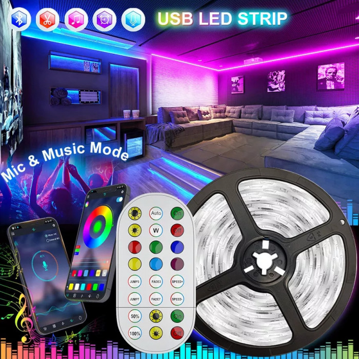 Banda LED RGB 3 m USB Bluetooth Control si telecomanda 24 TASTE