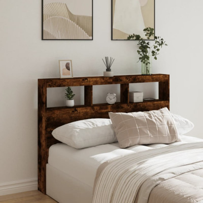 vidaXL Tăblie de pat cu dulap și LED, stejar fumuriu, 140x17x102 cm foto