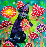 Tablou pictura pisica si ciuperci &quot;Shroom Maintenance&quot;, Animale, Acrilic, Altul