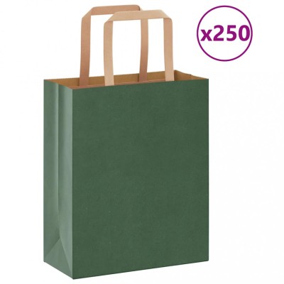 vidaXL Pungi de h&amp;acirc;rtie 250 buc cu m&amp;acirc;nere verde 18x8x22 cm foto